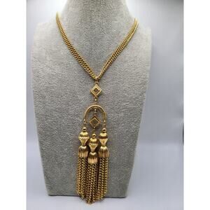 Crown Trifari Gold Tone Tassel Necklace Vintage Statement Pendant